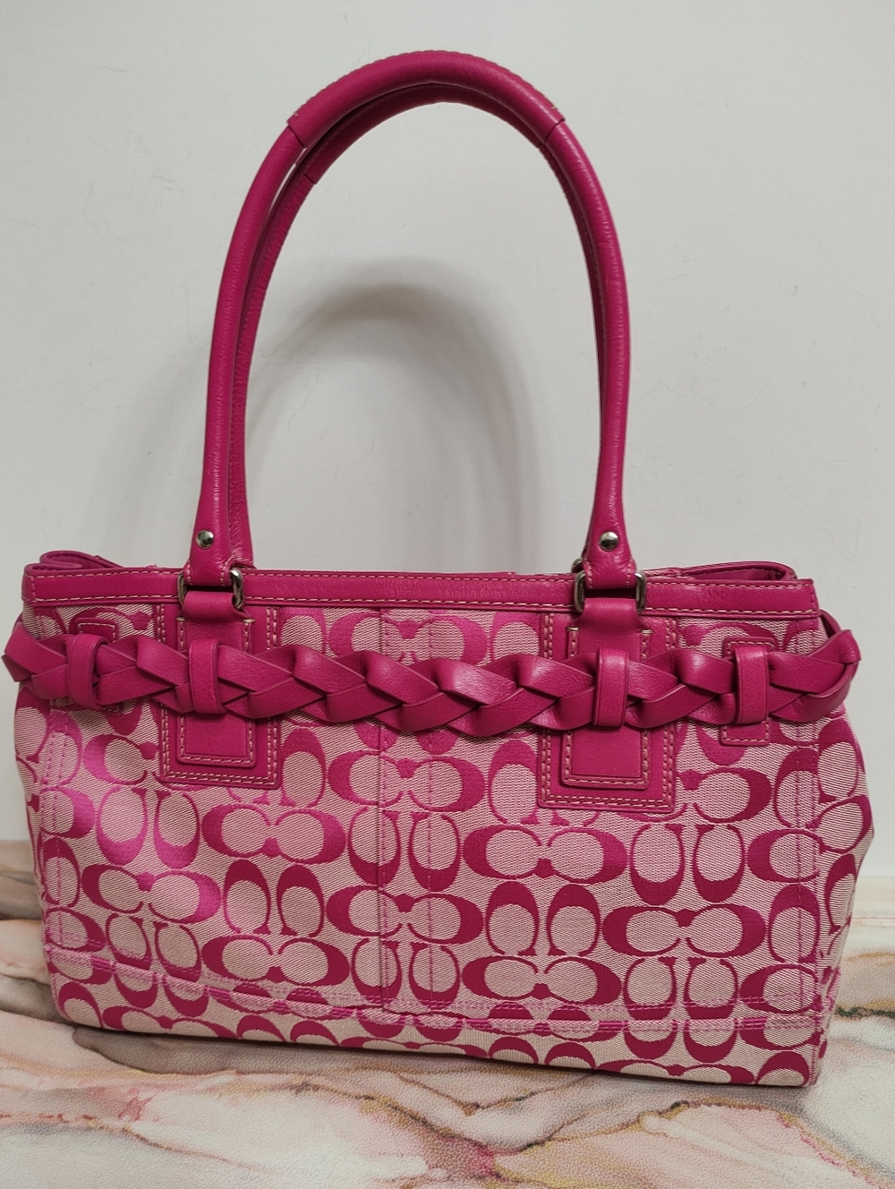 Vintage Y2K Coach F13068 Hampton Signature Large Carryall Satchel Hibiscus/Pink - Picture 4 of 14